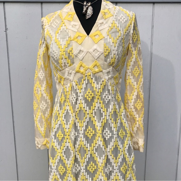 Vintage 60s Embroidered Jerry Marsch Yellow Chiffon Maxi Dress - Picture 3 of 15